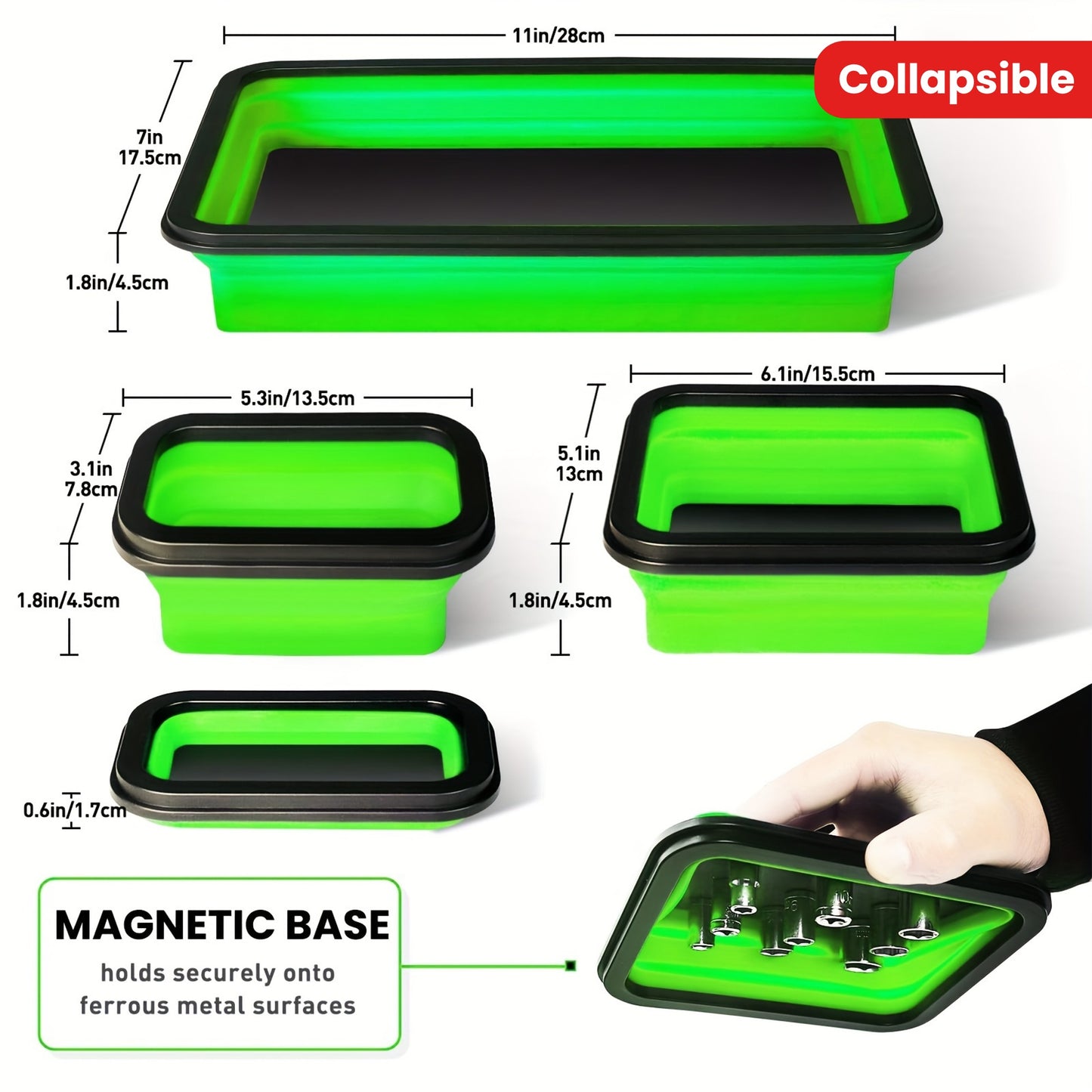 [Pack Of 3] Magnetic Parts Tray, Collapsible Magnetic Tray Set, Magnetic Toolbox Tray For Mechanics, Tool Box Organizer Tray