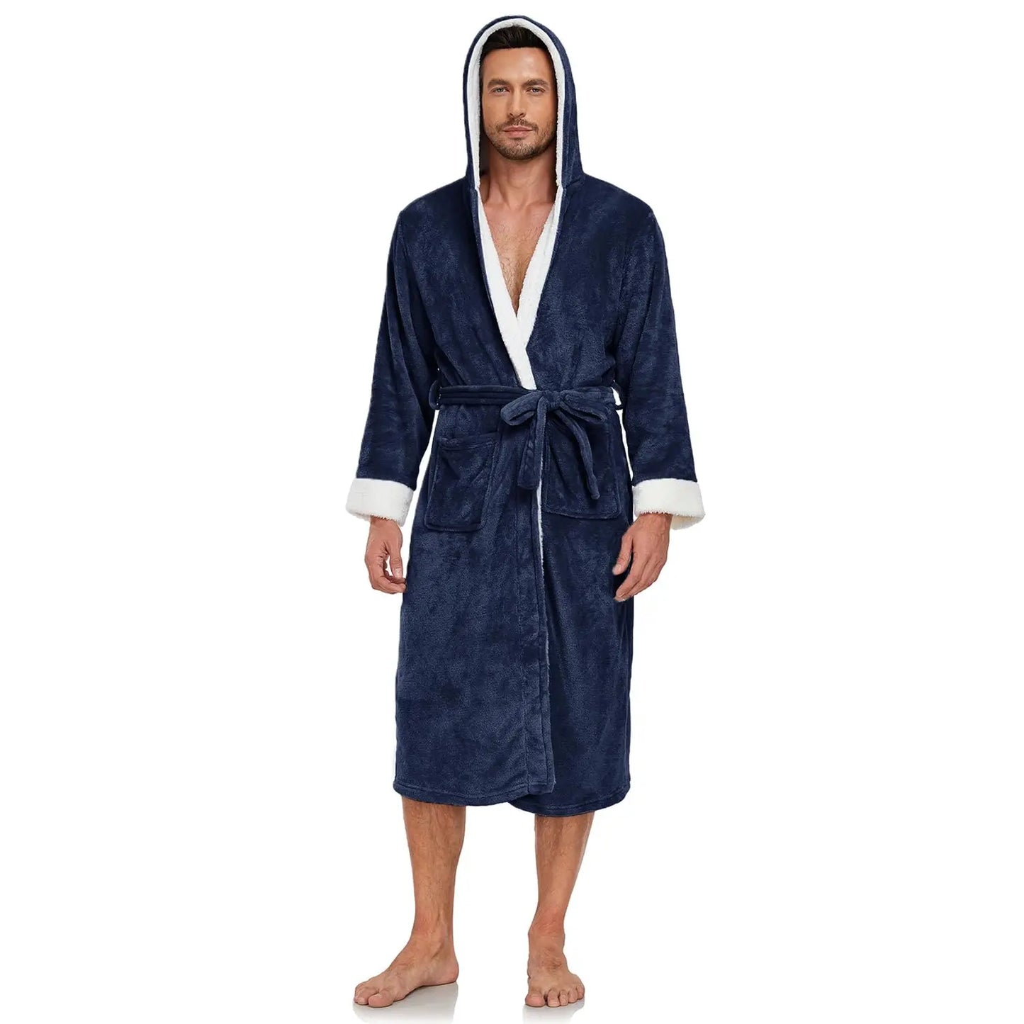 Usa Warehouse Discount Price Winter 5 Star Hotel Plush Hooded Fleece Long Bathrobes Pyjamas Men Sleepwear Stripe Bath Robe
