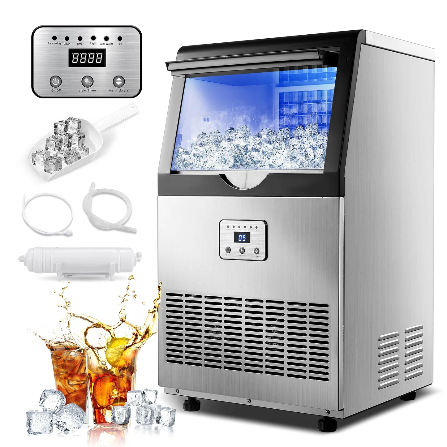Commercial Ice Maker, 100lbs/24H Ice Maker Machine, Auto Self-Cleaning, LED Digital Display, Under Counter/Freestanding