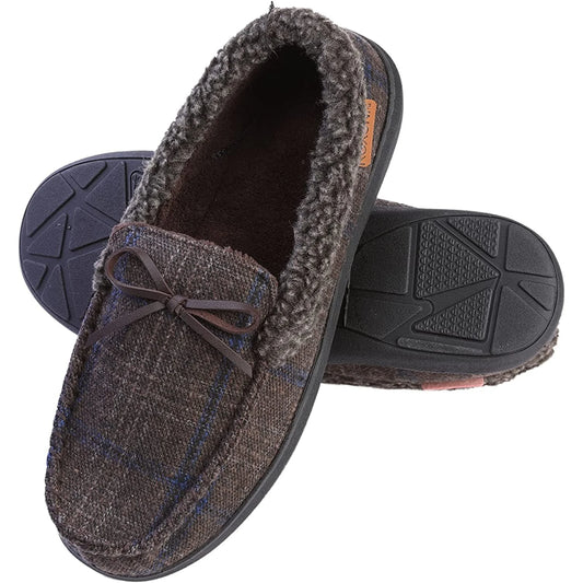 TD Men's Warm Moccasin Slippers Plush Lined House Shoes Lighted Massage Feature Closed TPR Anti-Slippery Flat Design for Spring