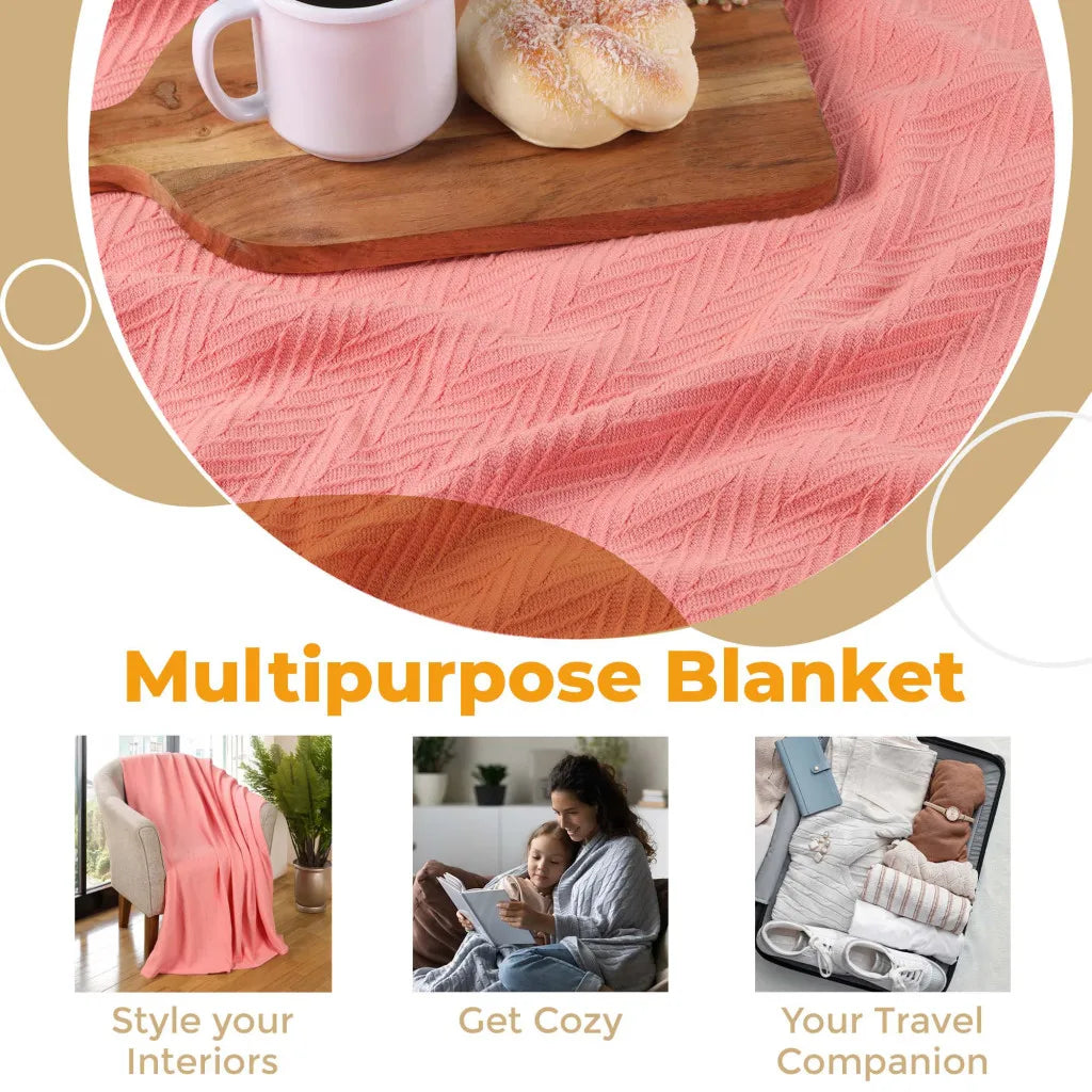 HMS California King Coral Cotton Woven Chevron Blanket Luxury Comfortable Coral Fleece Bedding