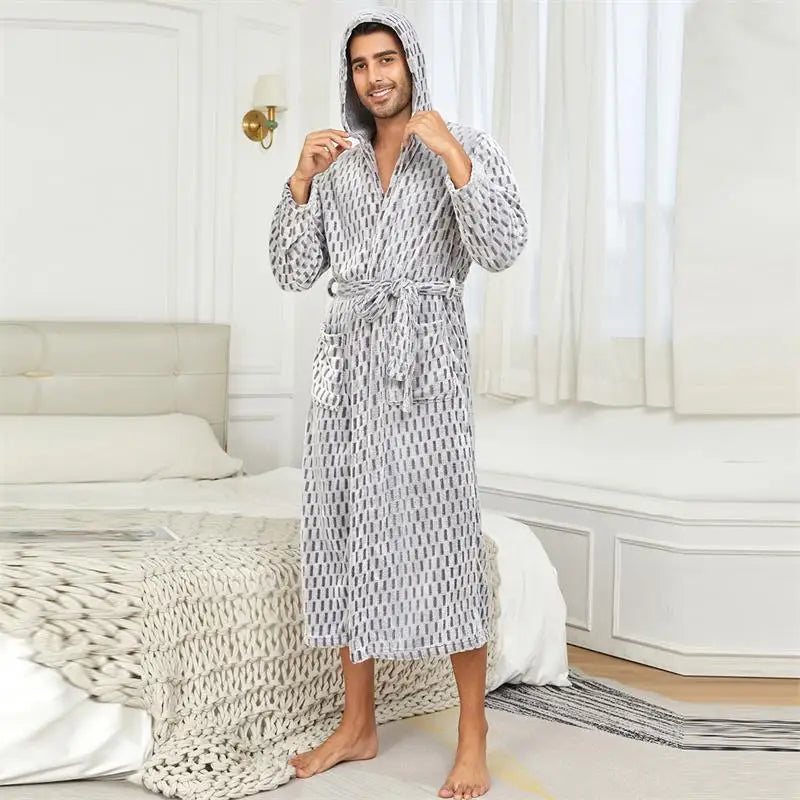 Usa Warehouse Discount Price Winter 5 Star Hotel Plush Hooded Fleece Long Bathrobes Pyjamas Men Sleepwear Stripe Bath Robe