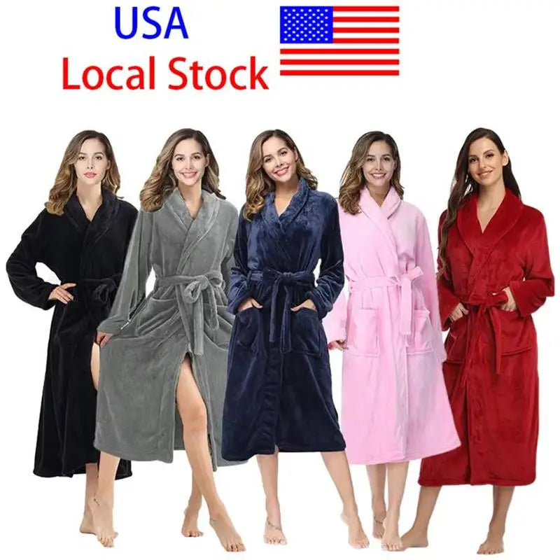 US Warehouse Soft Winter Plush Bath Robe Hooded Adult Polyester Oversize Unisex Flannel Long Bathrobe Woman Man Sleepwear