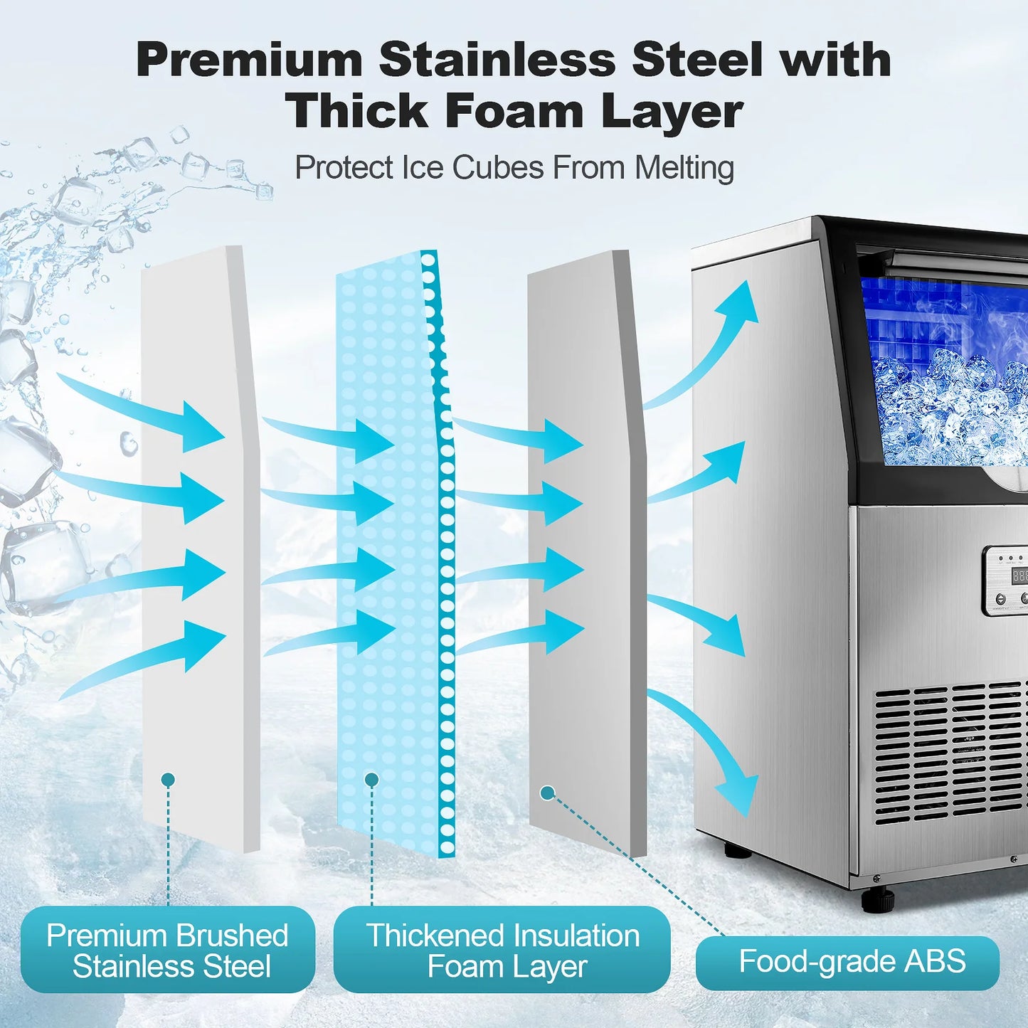 Commercial Ice Maker, 100lbs/24H Ice Maker Machine, Auto Self-Cleaning, LED Digital Display, Under Counter/Freestanding