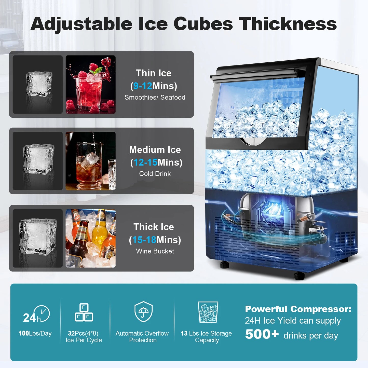 Commercial Ice Maker, 100lbs/24H Ice Maker Machine, Auto Self-Cleaning, LED Digital Display, Under Counter/Freestanding