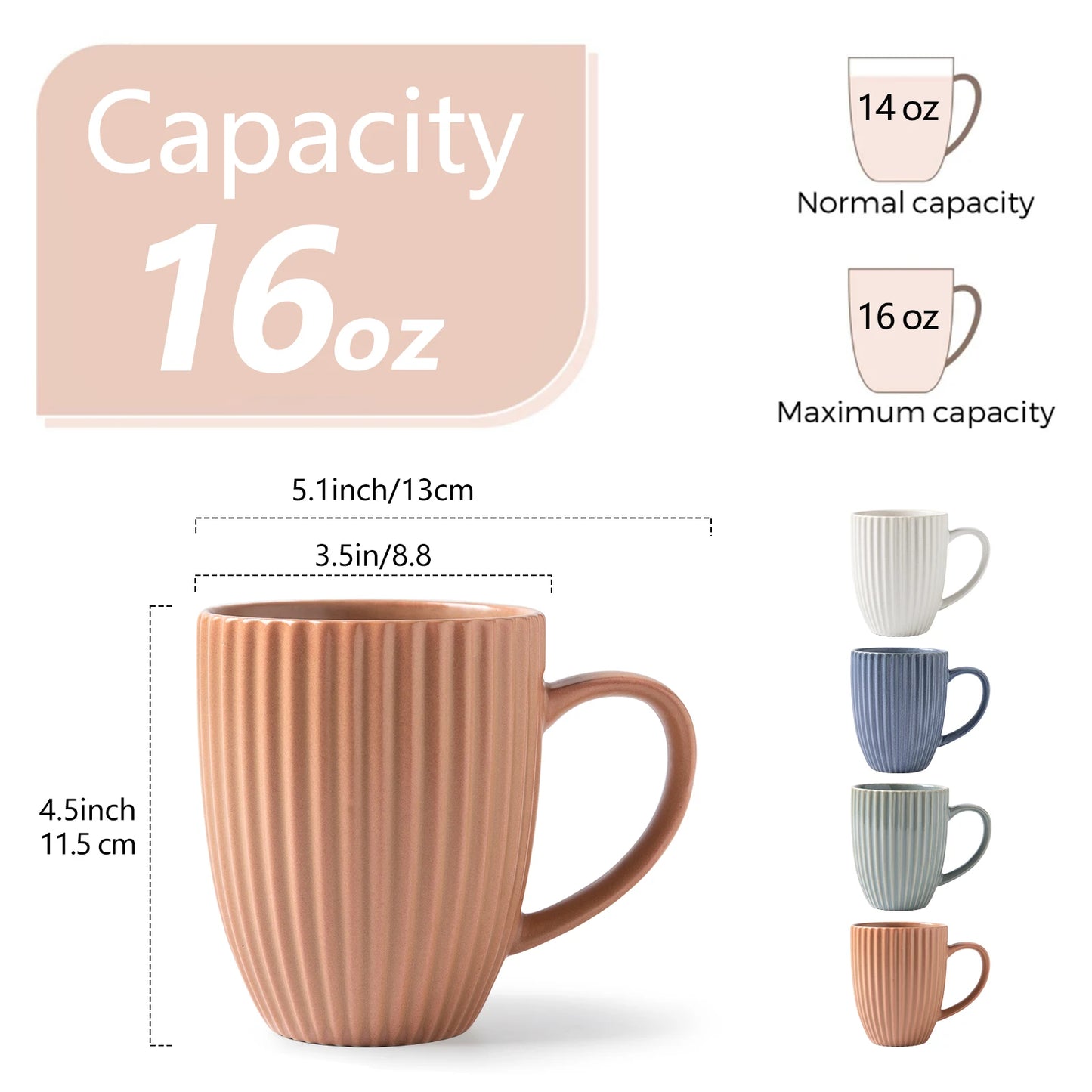Modern 16oz Large Ceramic Coffee for Mugs Set of 4 Microwave & Dishwasher Safe Handle for Men & Women Gift Cup