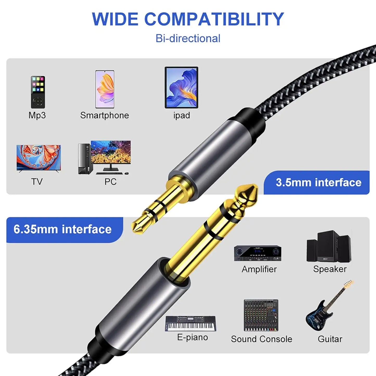Guitar Cable / 2m 6.35 Male to Male 3.5 Audio Cable 1/4 to 3.5mm TRS Stereo Jack Audio Cable for Guitar