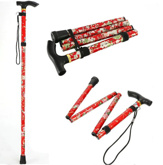 Comfortable T-Handle Printing Poles 5-Level Folding Walking Cane Lightweight Adjustable Portable Hand Walking Stick