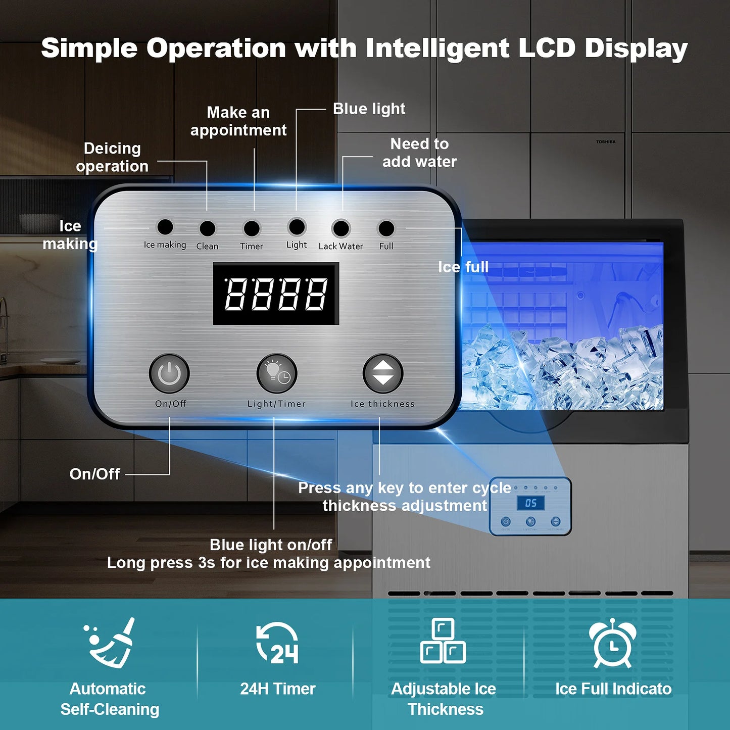 Commercial Ice Maker, 100lbs/24H Ice Maker Machine, Auto Self-Cleaning, LED Digital Display, Under Counter/Freestanding