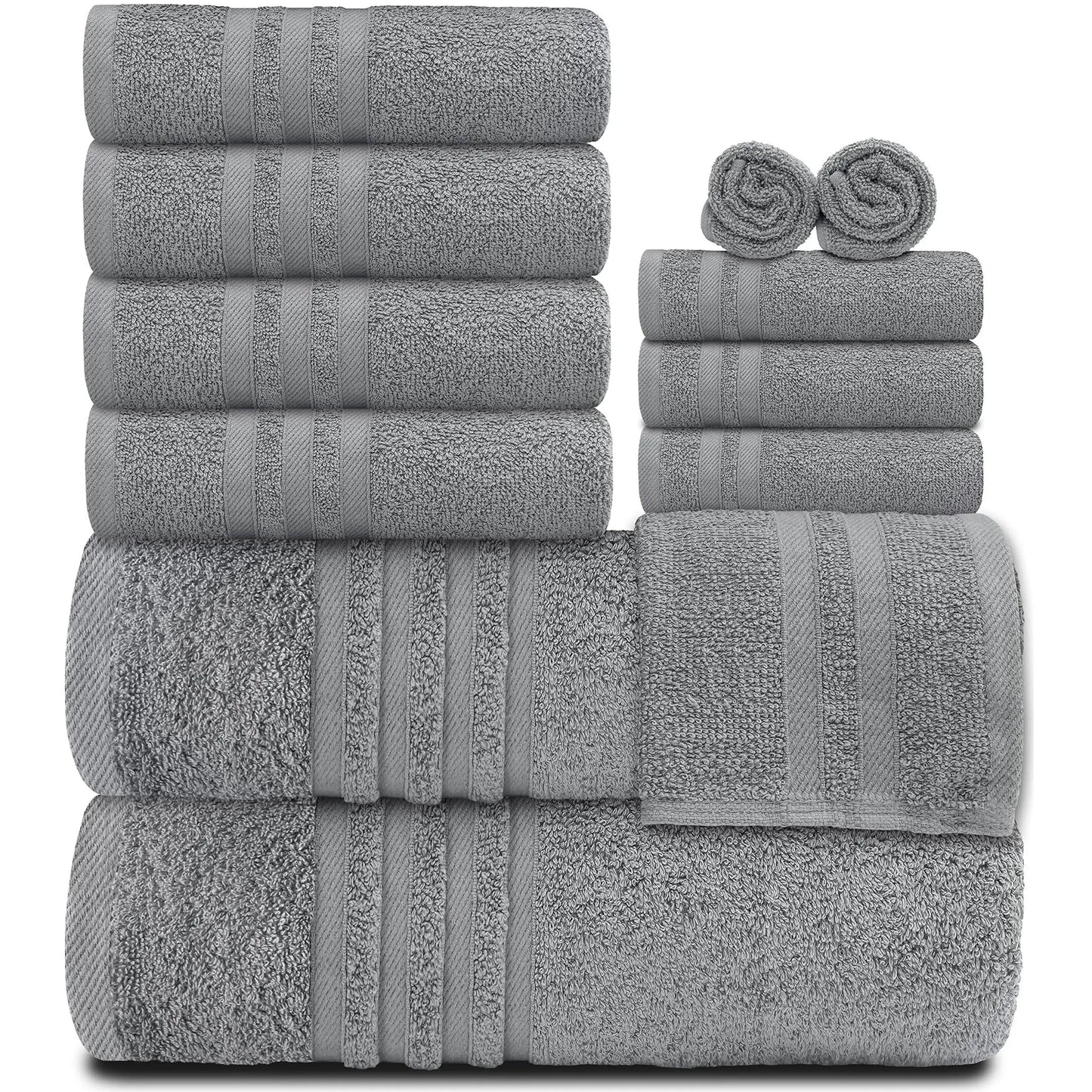 Bath Towels UD2 12-Piece Bath Towel Set Quick-Dry 100% Cotton Soft Wealuxe Collection for Bathroom-2 Bath Towels 4 Hand Towels 6 Washcloths