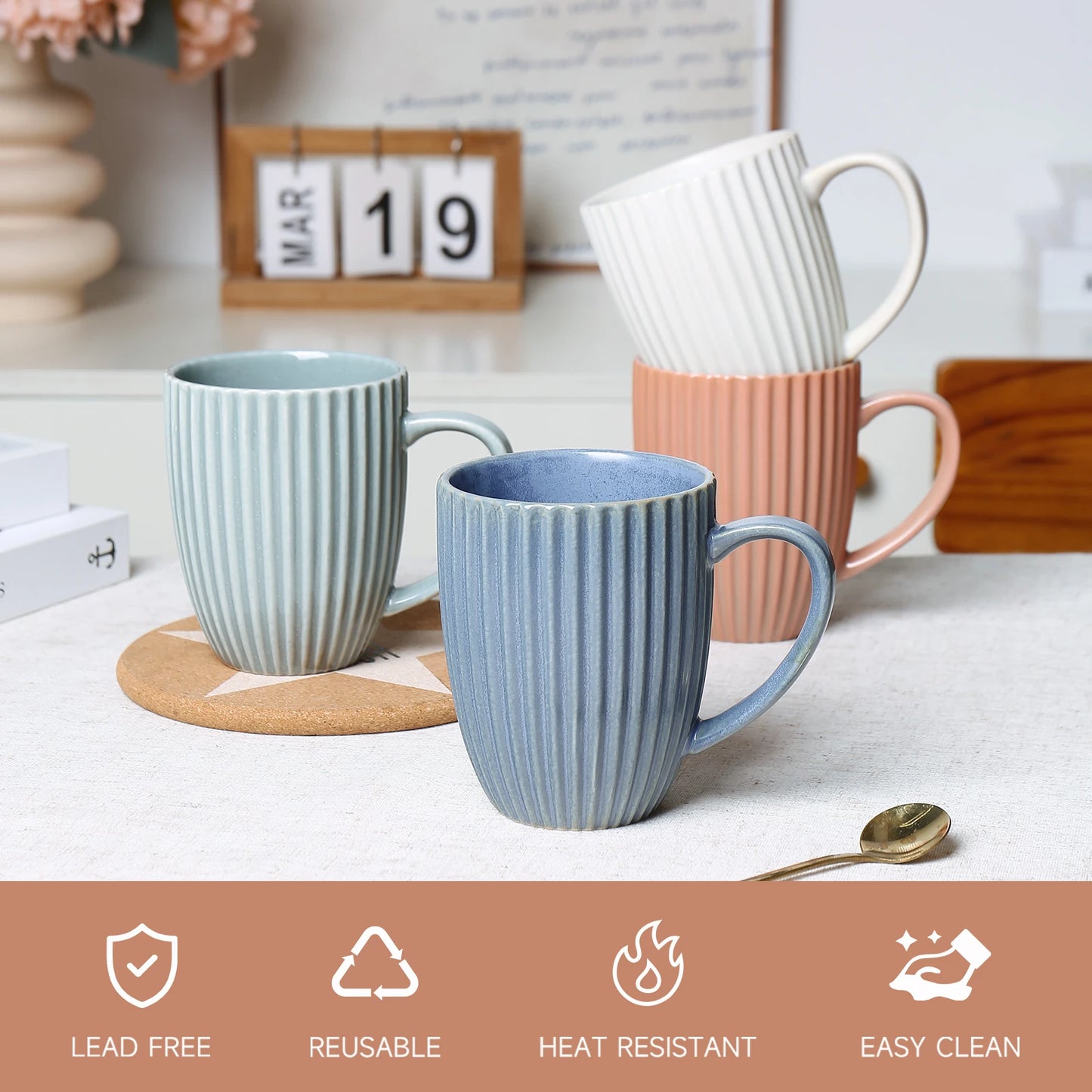 Modern 16oz Large Ceramic Coffee for Mugs Set of 4 Microwave & Dishwasher Safe Handle for Men & Women Gift Cup