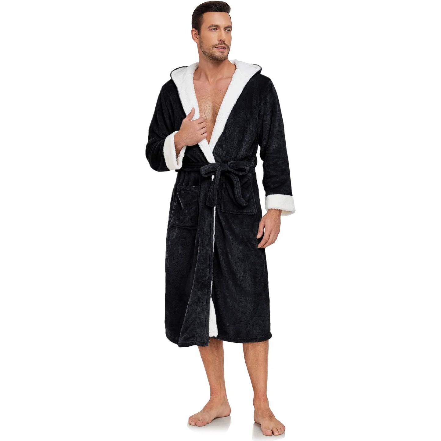 Usa Warehouse Discount Price Winter 5 Star Hotel Plush Hooded Fleece Long Bathrobes Pyjamas Men Sleepwear Stripe Bath Robe