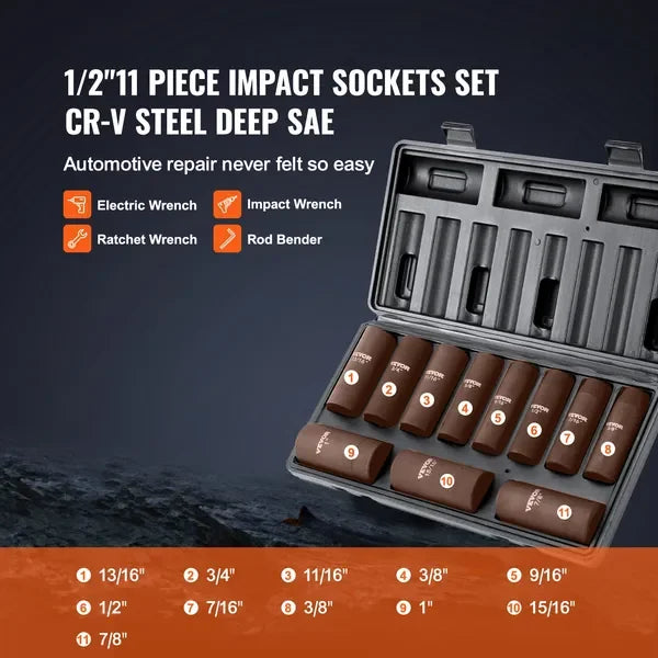 FCJ 11-Piece Drive Impact Socket Set SAE 6-Point CR-V Alloy Steel Easy-to-Read Size Markings Rugged Construction Storage Case