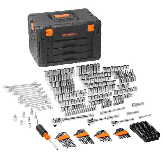 VEVOR Mechanics Tool Set and Socket Set, 1/4" 3/8" 1/2" Drive Deep and Standard Sockets,450 Pcs SAE and Metric Mechanic Tool Kit