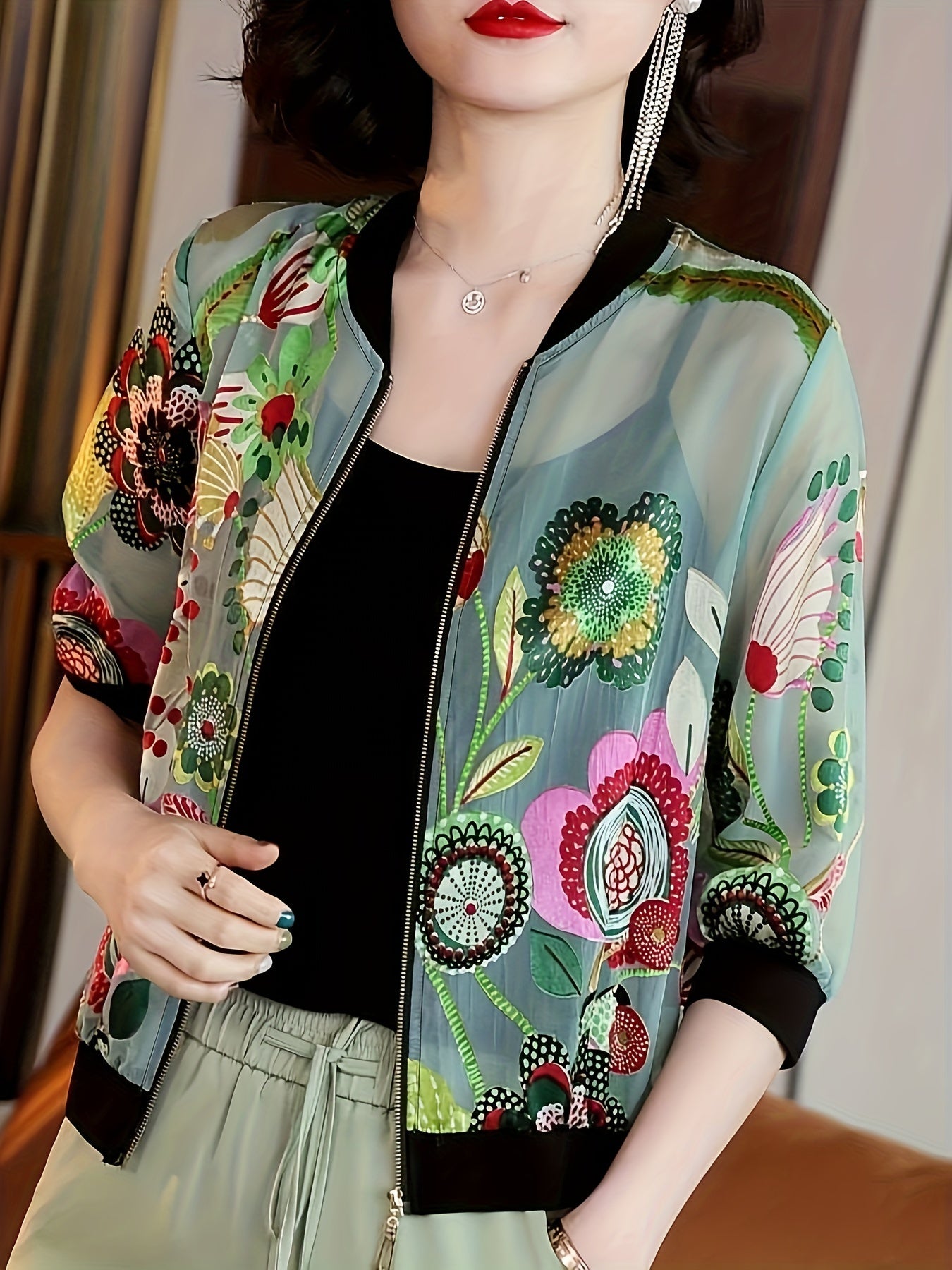 Floral Print Zip Up Lightweight Jacket, Casual Long Sleeve Baseball Collar Outerwear For Spring & Summer, Women's Clothing