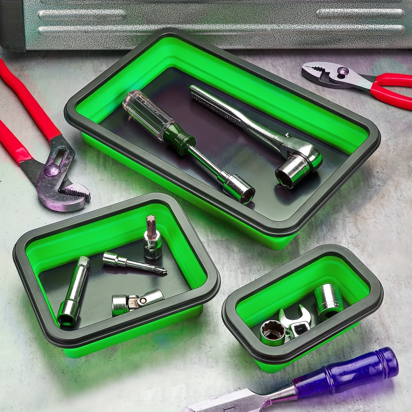 [Pack Of 3] Magnetic Parts Tray, Collapsible Magnetic Tray Set, Magnetic Toolbox Tray For Mechanics, Tool Box Organizer Tray