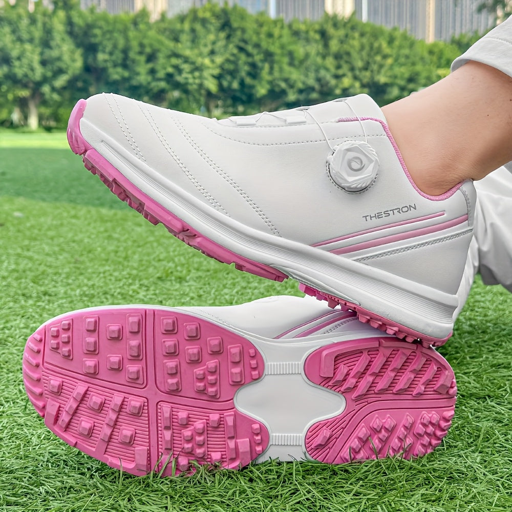 Golf Shoes, THESTRON Women's Professional Golf Shoes - Anti-Slip, All-Season, Large Size 36-43, White & Pink Design with Geometric Pattern, Durable PU Upper & Rubber Sole for Outdoor Golf Training, Ladies Golf Shoes