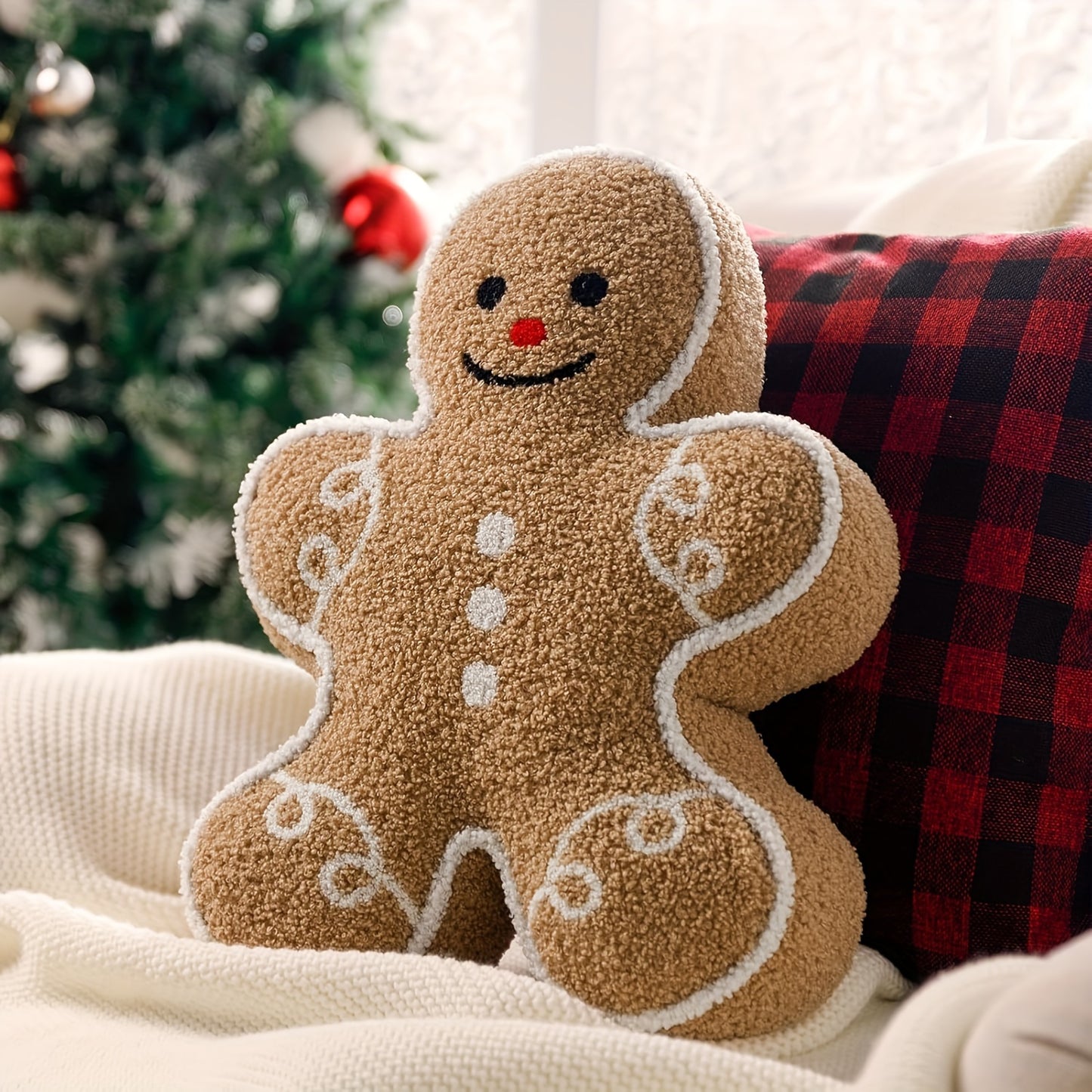 Christmas Gingerbread Man Throw Pillow - Plush Soft Decorative Cushion with Icing-Like Patterns, Classic Holiday Decor for Sofa Bed Living Room, Festive Gingerbread-Shaped Accent Pillow (No Batteries/Electricity/Battery-F