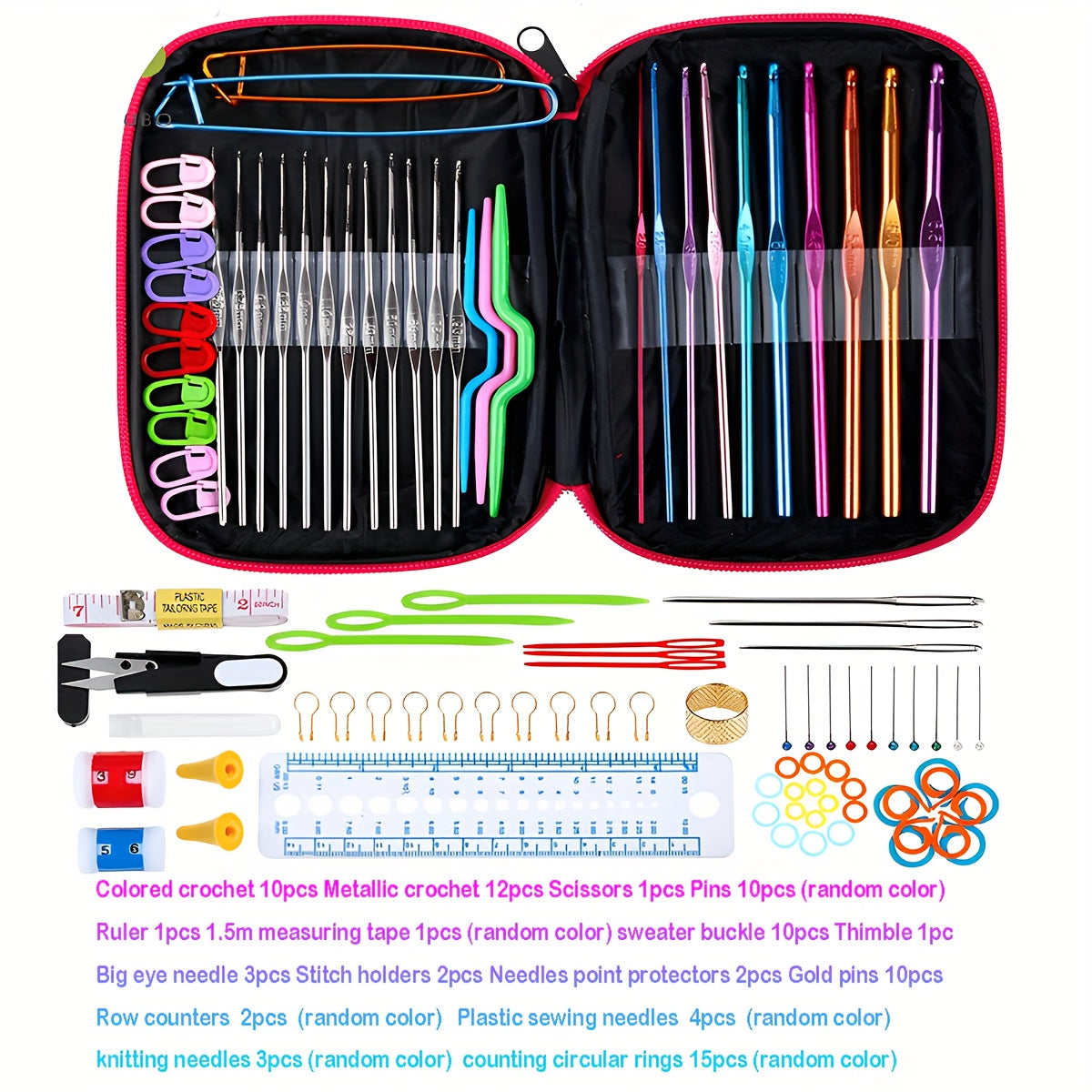 Crochet Hook kit, Knitting Needles Multicolor Aluminum Ergonomic Yarn Knit Craft Art Sewing Tools DIY Hand Accessories With Case