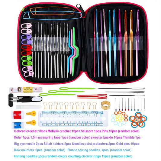 Crochet Hook kit, Knitting Needles Multicolor Aluminum Ergonomic Yarn Knit Craft Art Sewing Tools DIY Hand Accessories With Case