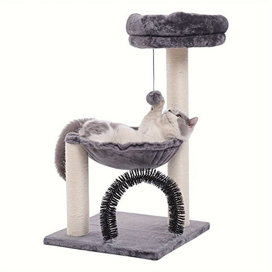 FluffyDream 27.8" Multi-Level Cat Tree Tower for Indoor Cats & Kittens - Creamy Gray Cat Furniture with Scratching Posts, Plush Basket & Perch, Dangling Ball Toy, Sturdy Base & Anti-Topple Design - Easy Assembly, Modern Home