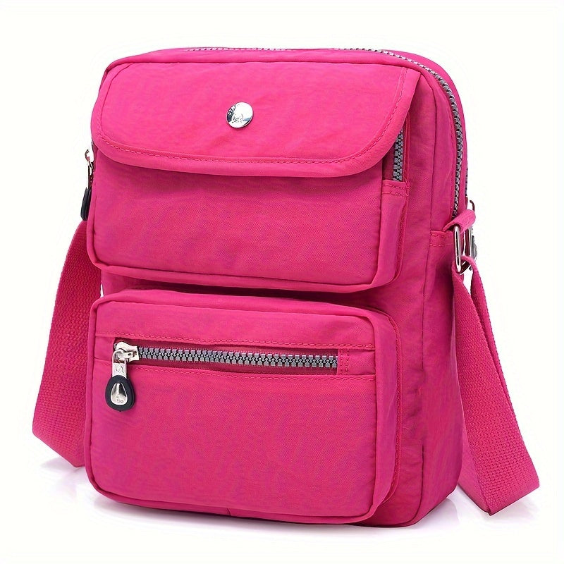 Women'S Lightweight Nylon Shoulder Bag - Casual Fashion Messenger Bag with Multiple Pockets, Adjustable Strap, and Zipper Closure in Pink, Purple, Blue, Green, Black, Red, Blue, Yellow, Black, White, Black Patterns, Messenger