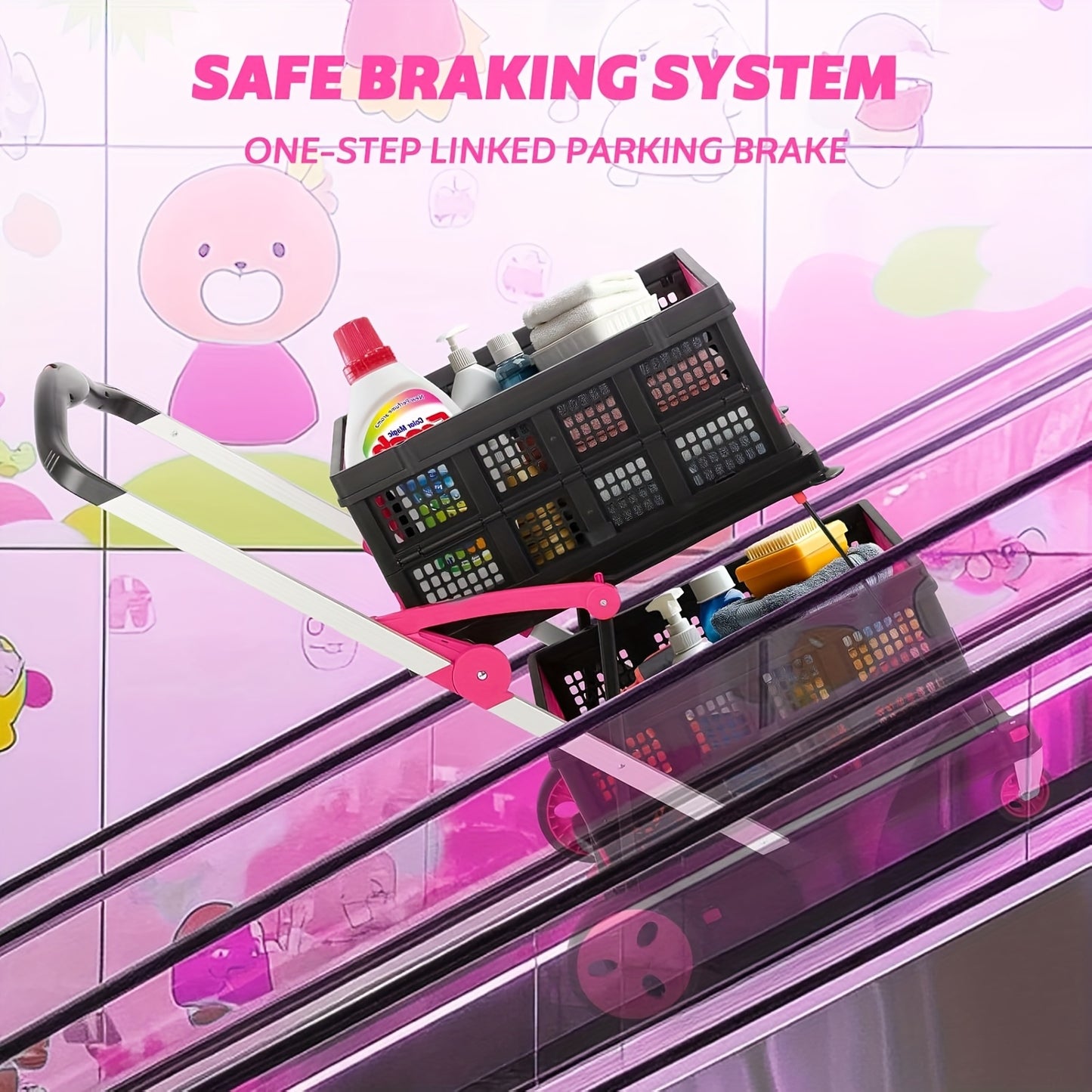 2-Tier Folding Utility Cart with Wheels - Pink & Black Aluminum Shopping Trolley, Double-Collapse Design for Groceries, Malls, and Outdoor Use, Grocery Cart, Mall Shopping, Modern Cart, Durable Construction