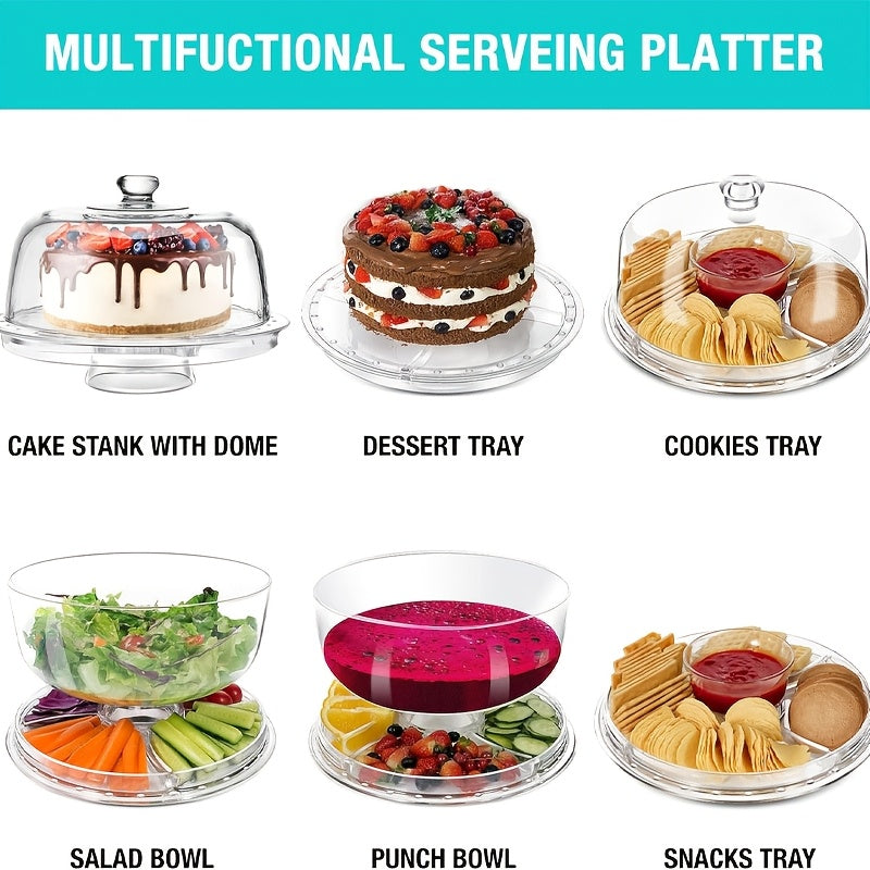 6-IN-1 Acrylic Cake Stand with Dome Lid - 12in Round Cake Holder Dessert Table Display Set & Charcuterie Board for Cakes, Desserts, Fruits, Snacks, Pastries, Appetizers, Cheese, Chips & Dips, Nachos, Fruit Platter Elegant Ped