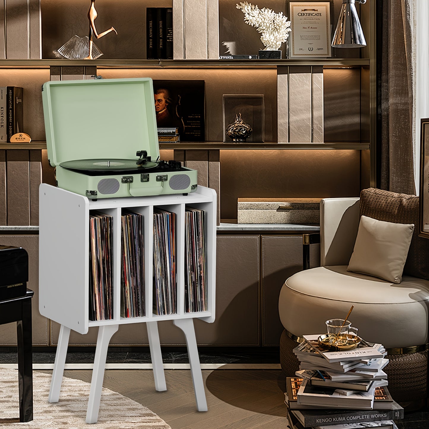 Record Player Stand, Black Vinyl Record Storage Table With 4 Cabinet Up To 100 Albums, Mid-Century Turntable Stand With Wood Legs, Vinyl Holder Display Shelf For Lab