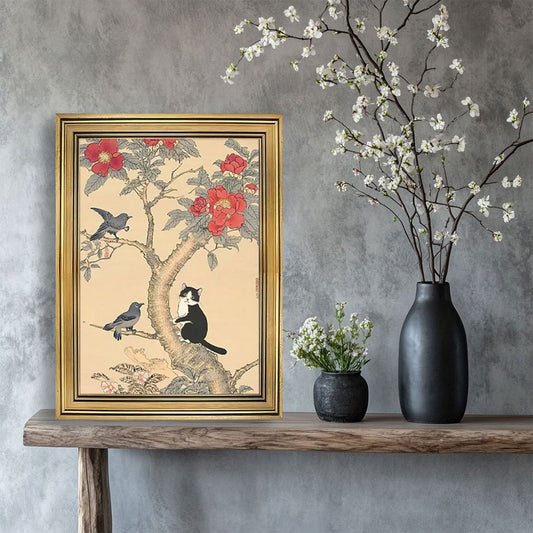 2D Flat, 1pc Vintage Black & Golden Framed Japanese-Inspired Cherry Blossom & Birds Canvas Wall Art - Elegant Landscape Painting with Red Flowers, Green Foliage, Cat & Bird Motif for Home, Office, Classroom Decor - Perfect Ho