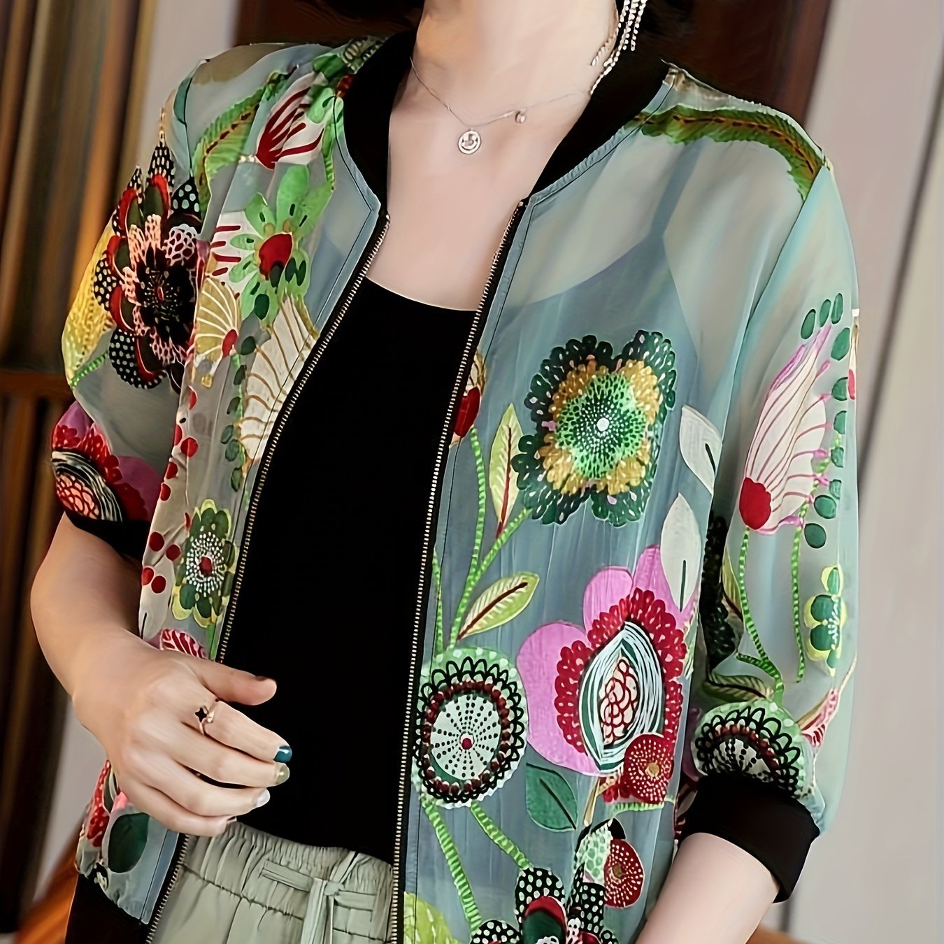 Floral Print Zip Up Lightweight Jacket, Casual Long Sleeve Baseball Collar Outerwear For Spring & Summer, Women's Clothing