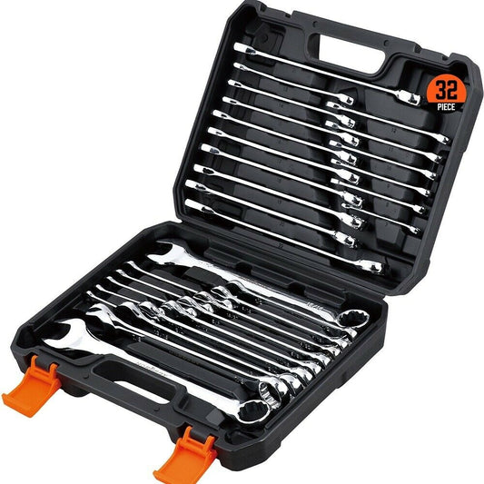 32pcs Combination Wrench Set 1/4"-1" & 7mm-22mm SAE And Metric Chrome Vanadium Steel Construction with Case 12 Point Combination Ended Spanner Kits