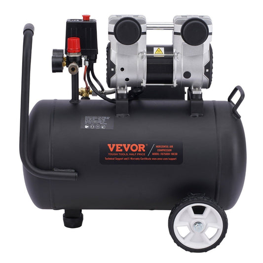 VEVOR Portable Oil-Free Air Compressor - 8 Gallon Capacity, 90 PSI, Compact Design with Wheels, Black & Orange, Ideal for Home & Workshop Use, Portable Air Compressor, Workshop Essentials, Sleek Metallic Finish, Durable Const