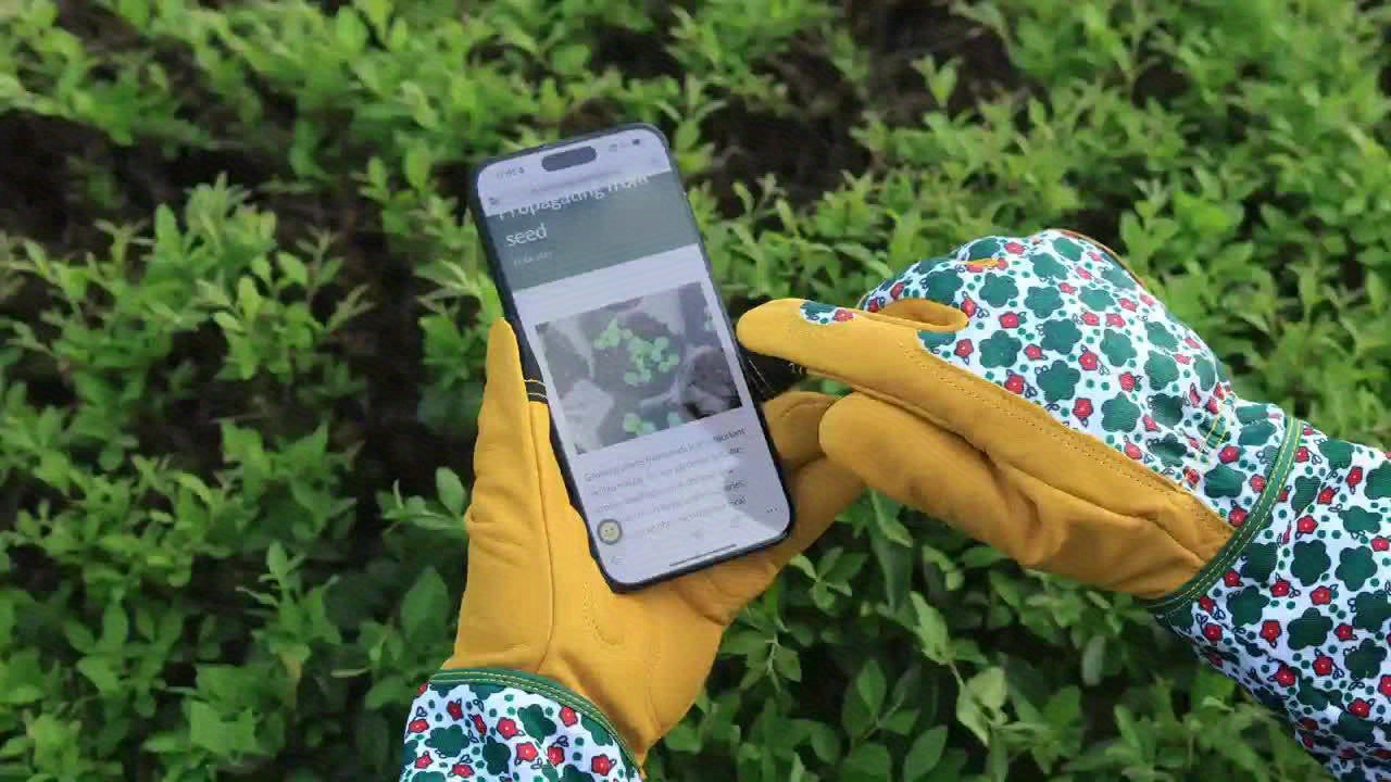 JOISIV Women's Long Gardening Gloves - Durable Green Floral Print, Thorn-Proof Gauntlet for Yard Work, Breathable Cowhide Design, Touchscreen Compatible, Perfect for Gardening and Outdoor Activities (Pair), Garden Tools