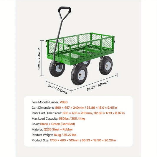 Happybuy 500/680/900/1200/1400 Lbs Steel Garden Cart On Wheels, Heavy Duty Pullable Garden Wagon, Metal Outdoor Utility Yard Cart With 10" Tires, Removable Mesh Sides And 180° Rotating Handle Green/ Yellow + Black