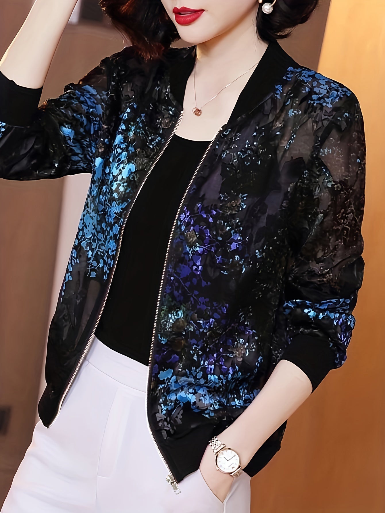 Floral Print Zip Up Lightweight Jacket, Casual Long Sleeve Baseball Collar Outerwear For Spring & Summer, Women's Clothing
