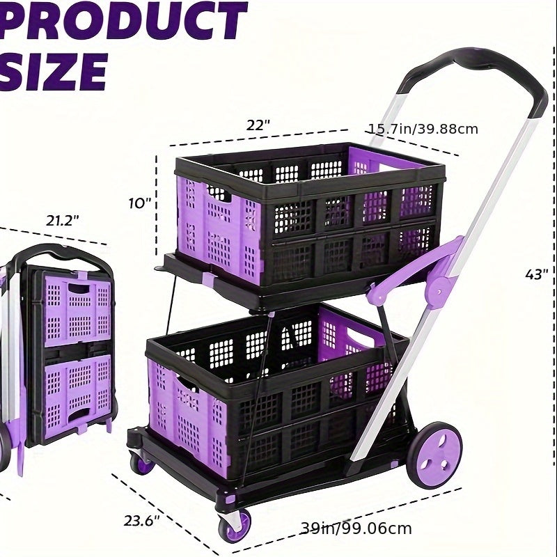 2-Tier Folding Utility Cart with Wheels - Pink & Black Aluminum Shopping Trolley, Double-Collapse Design for Groceries, Malls, and Outdoor Use, Grocery Cart, Mall Shopping, Modern Cart, Durable Construction