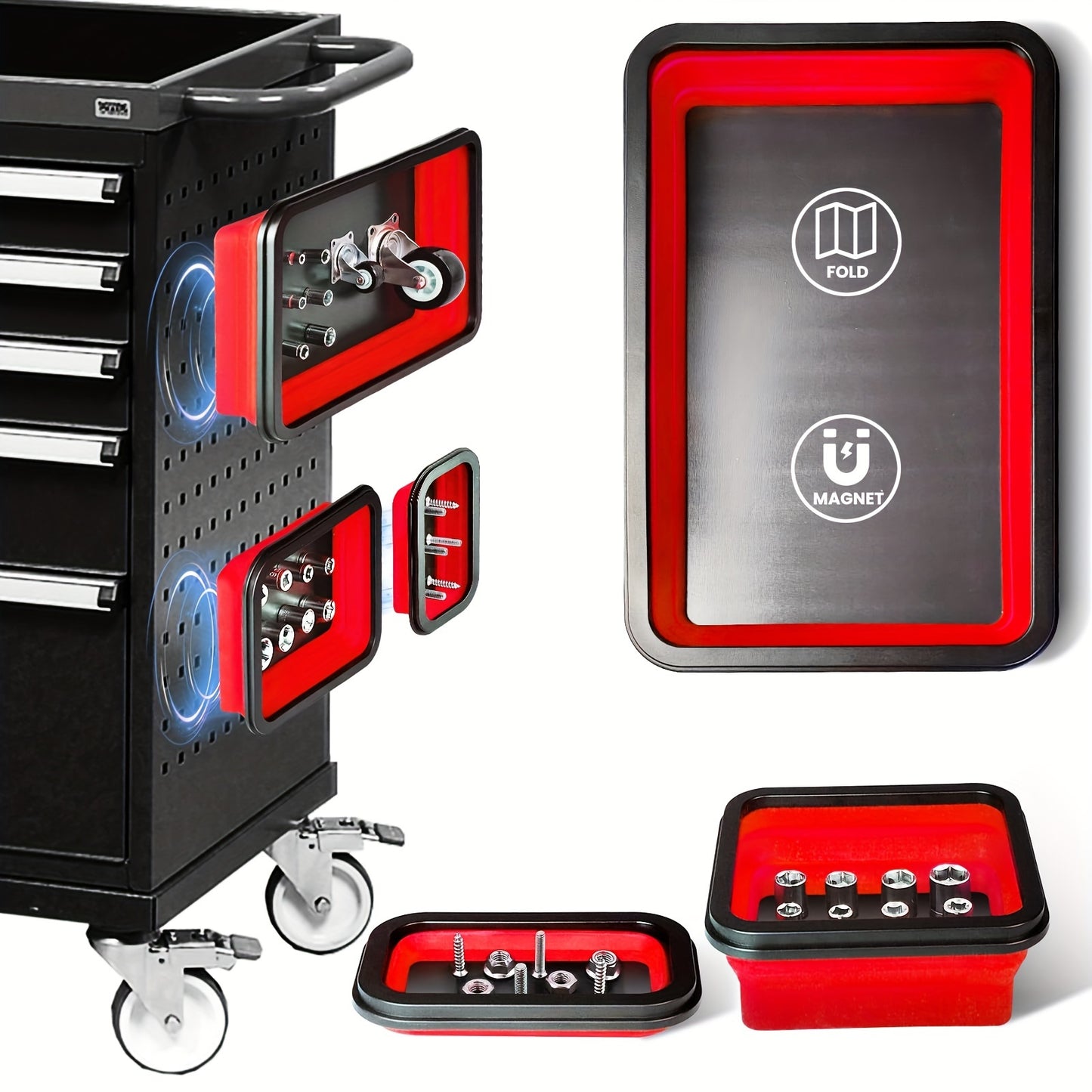 [Pack Of 3] Magnetic Parts Tray, Collapsible Magnetic Tray Set, Magnetic Toolbox Tray For Mechanics, Tool Box Organizer Tray
