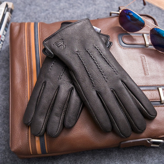 1pair Deer Pattern Goatskin Warm Lining Winter Men's Black Gloves, Business Fashion Style Golves For Outdoor Driving, Ideal choice for Gifts