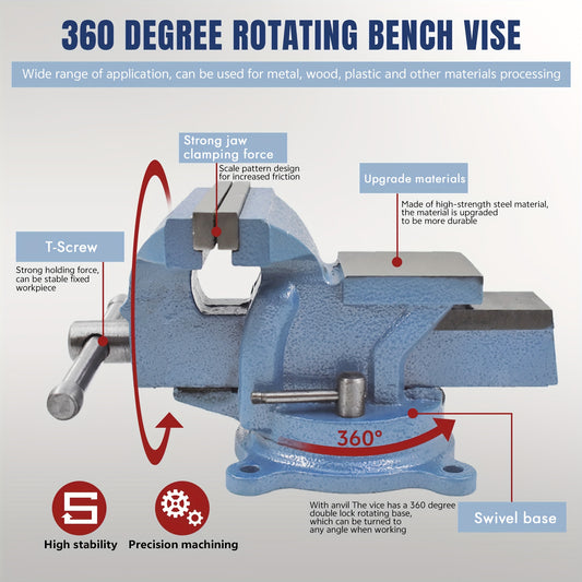 Vise / 6 Inch / 5 Inch Bench Vise with Anvil 360° Swivel Locking Base Tabletop Clamp Heavy Duty Vice Swivel Base Bench for Processing Metals, Woods, Plastics, Etc Manual Or Mechanical Processing Such As Sawing, Filing, Drilling And