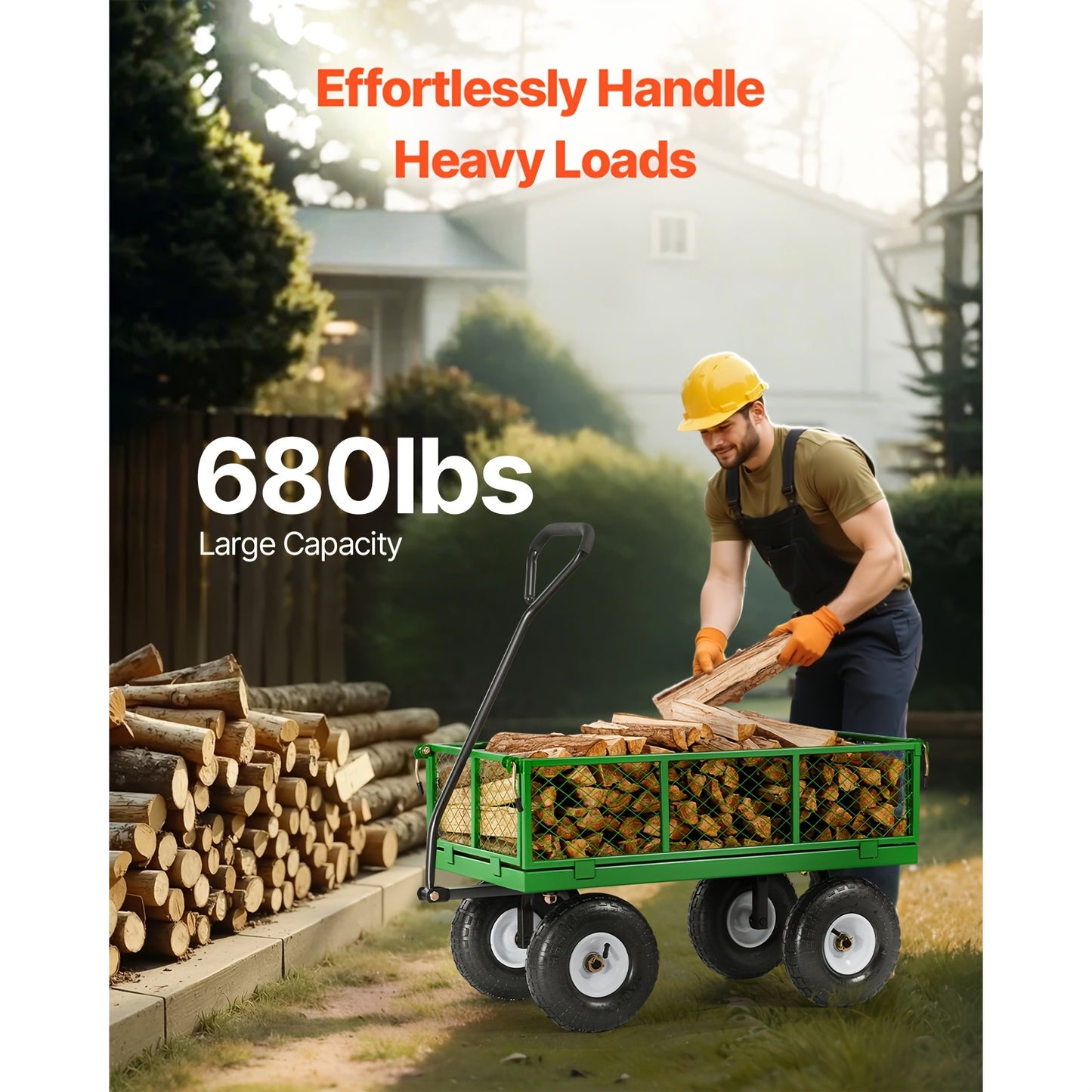 Happybuy 500/680/900/1200/1400 Lbs Steel Garden Cart On Wheels, Heavy Duty Pullable Garden Wagon, Metal Outdoor Utility Yard Cart With 10" Tires, Removable Mesh Sides And 180° Rotating Handle Green/ Yellow + Black