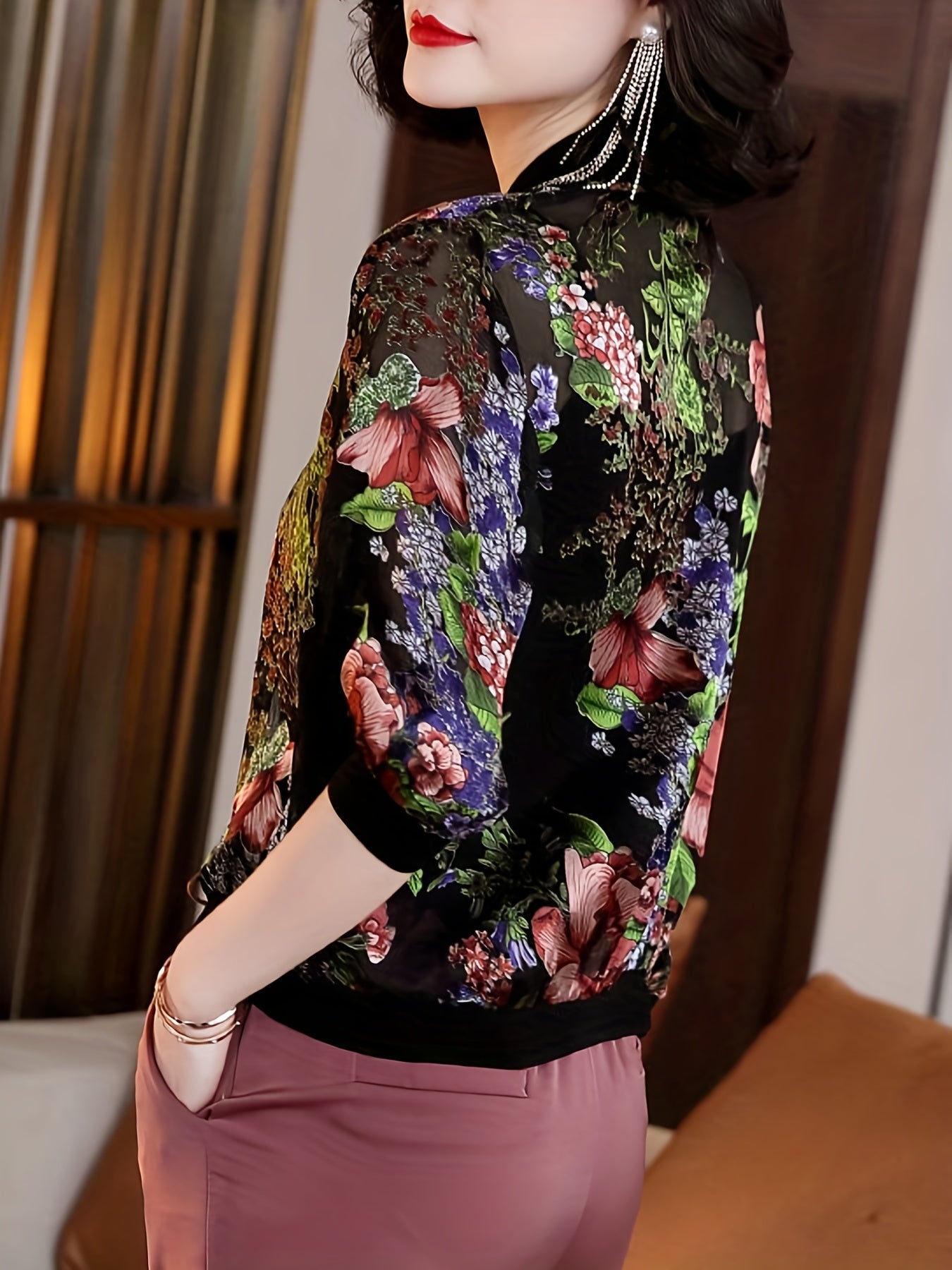 Floral Print Zip Up Lightweight Jacket, Casual Long Sleeve Baseball Collar Outerwear For Spring & Summer, Women's Clothing