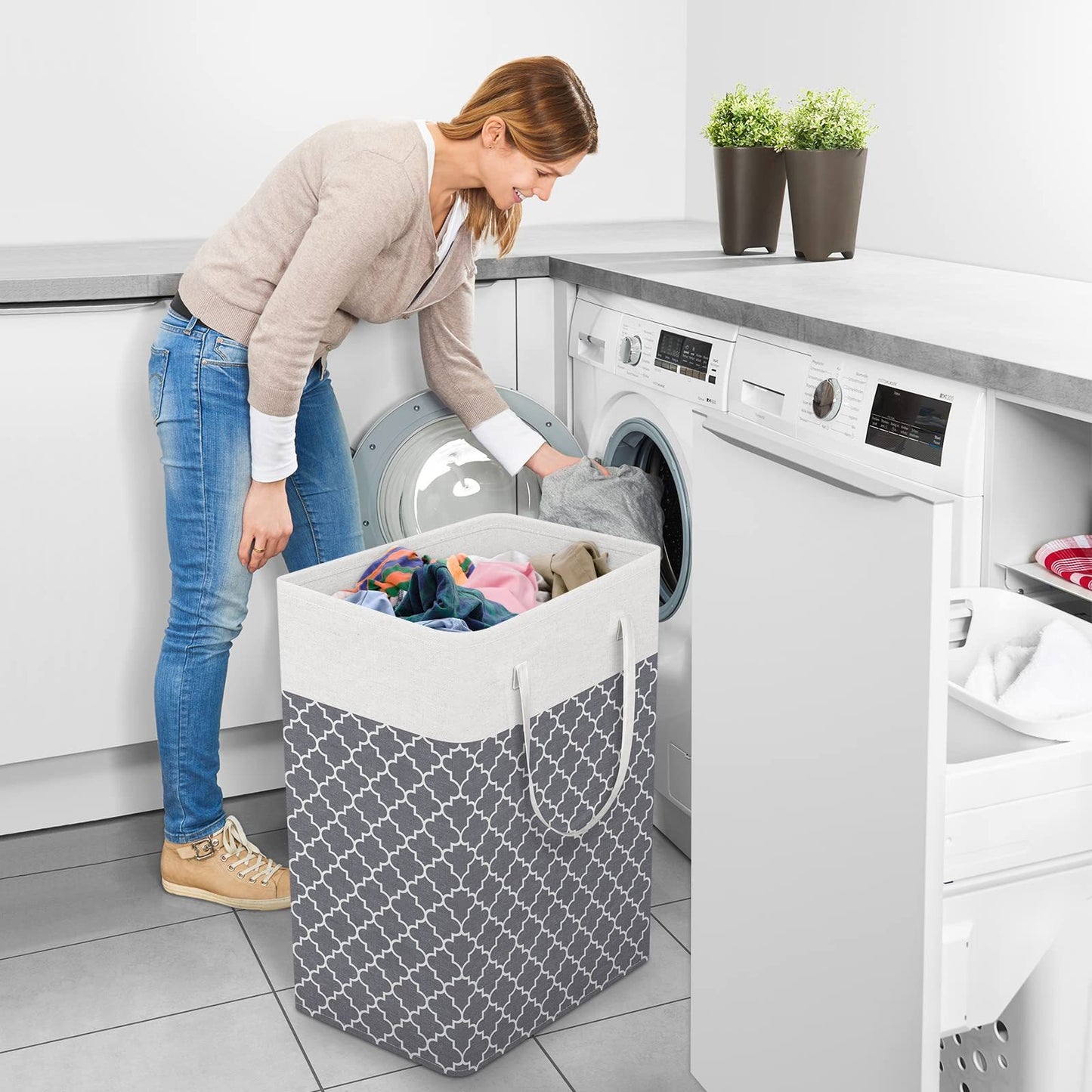 Laundry Basket / Vivicreate Laundry Basket Hamper Large Collapsible Laundry Hamper with Easy Carry Handles / Free-standing Clothes Hampers for Laundry, Bedroom, Dorm, Clothes, Towels, 75L, Clover Grey