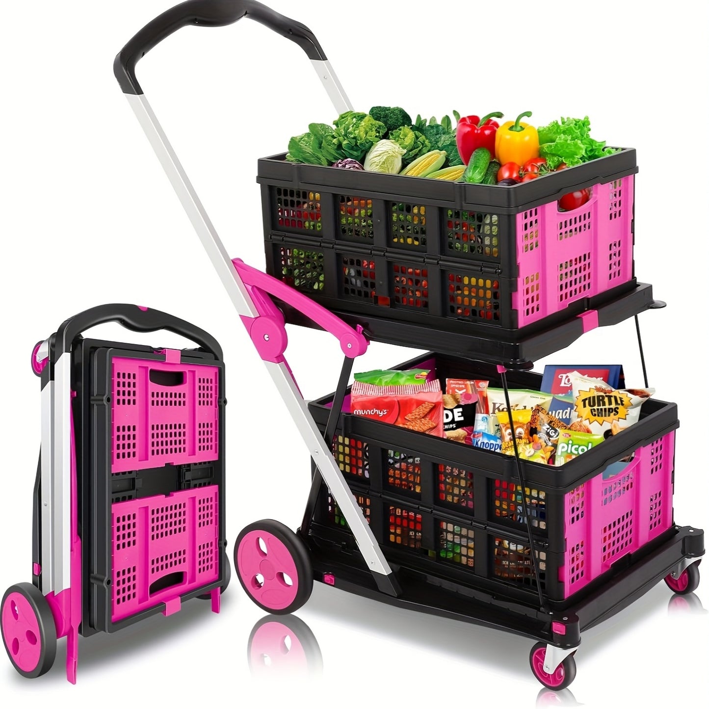 2-Tier Folding Utility Cart with Wheels - Pink & Black Aluminum Shopping Trolley, Double-Collapse Design for Groceries, Malls, and Outdoor Use, Grocery Cart, Mall Shopping, Modern Cart, Durable Construction