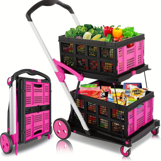 2-Tier Folding Utility Cart with Wheels - Pink & Black Aluminum Shopping Trolley, Double-Collapse Design for Groceries, Malls, and Outdoor Use, Grocery Cart, Mall Shopping, Modern Cart, Durable Construction