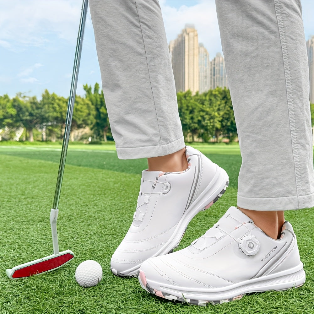 Golf Shoes, THESTRON Women's Professional Golf Shoes - Anti-Slip, All-Season, Large Size 36-43, White & Pink Design with Geometric Pattern, Durable PU Upper & Rubber Sole for Outdoor Golf Training, Ladies Golf Shoes