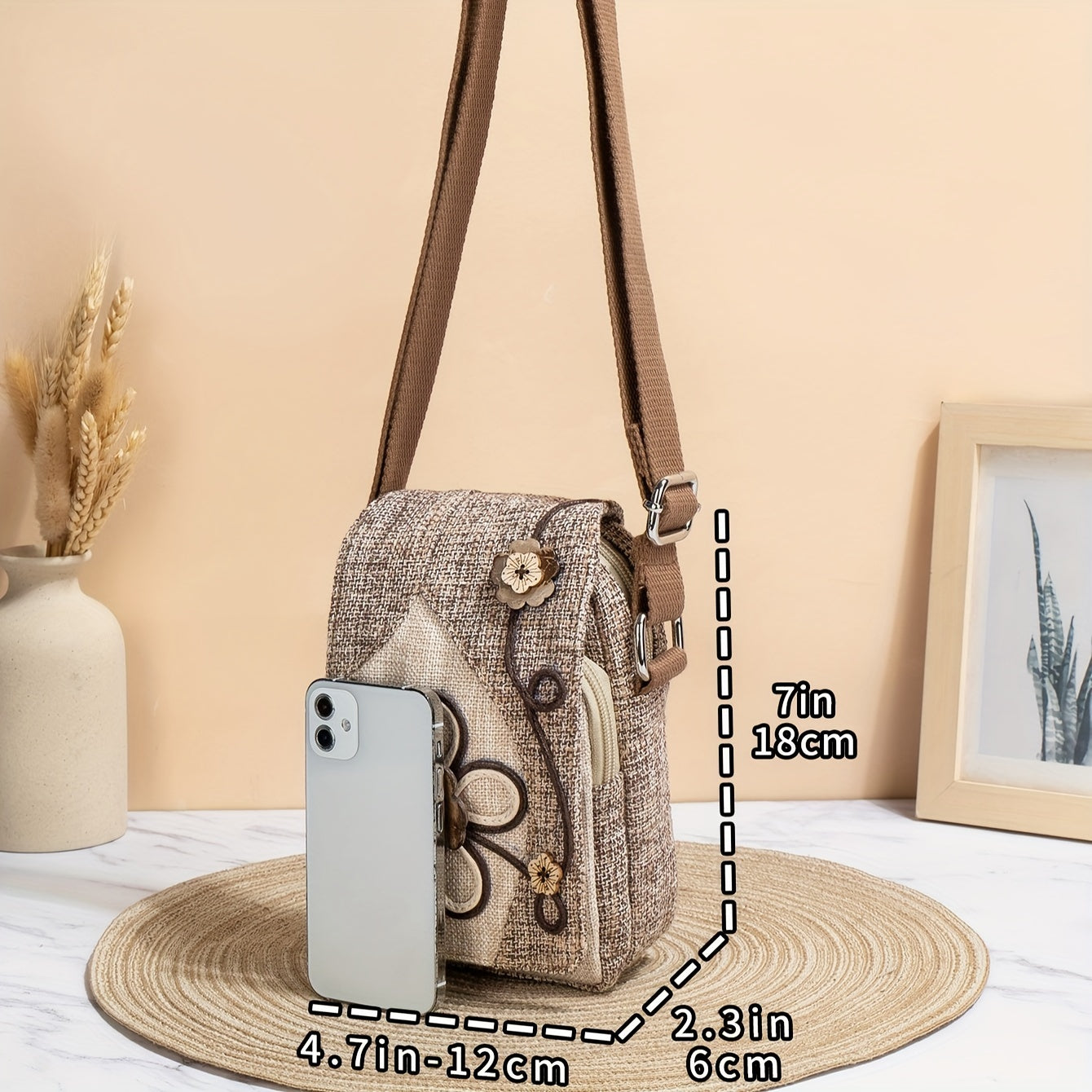 Women's Floral Design Phone Bag, Contrast Color Retro Style Crossbody Shoulder Bag With Adjustable Strap