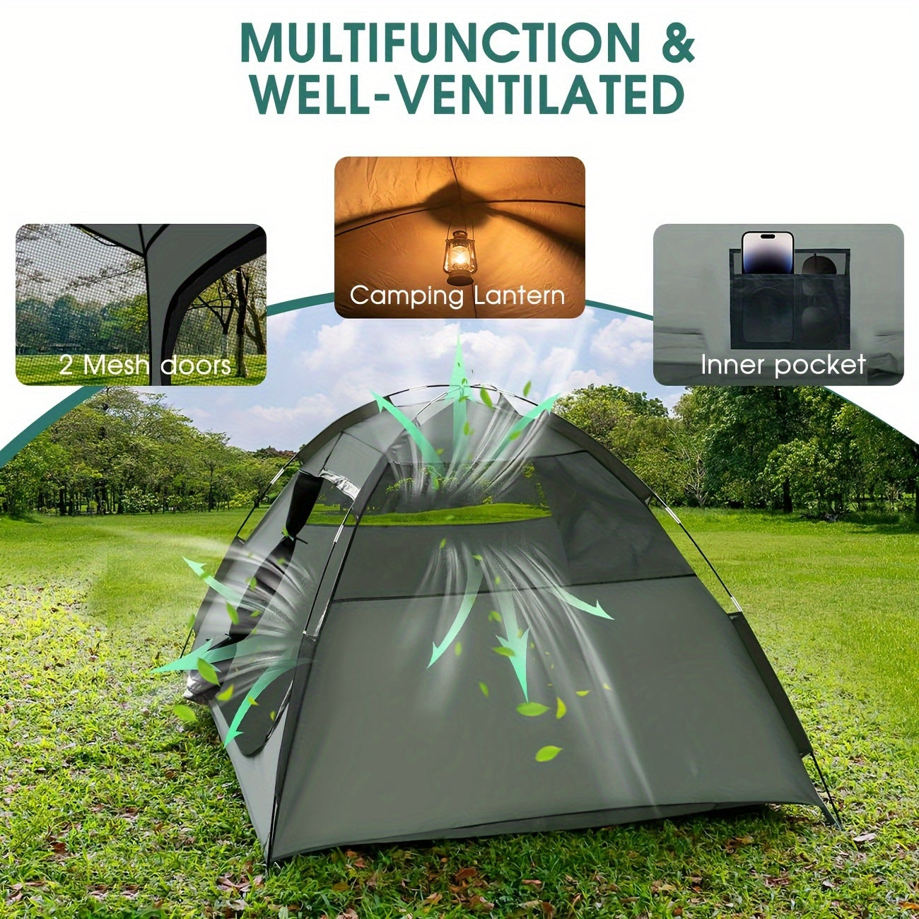 2-5 Person Family Camping Tent, All-Season Waterproof Nylon Dome with Steel Frame, Easy Setup, Removable Rainfly, Zipper Closure, Outdoor Shelter for Hiking, Traveling