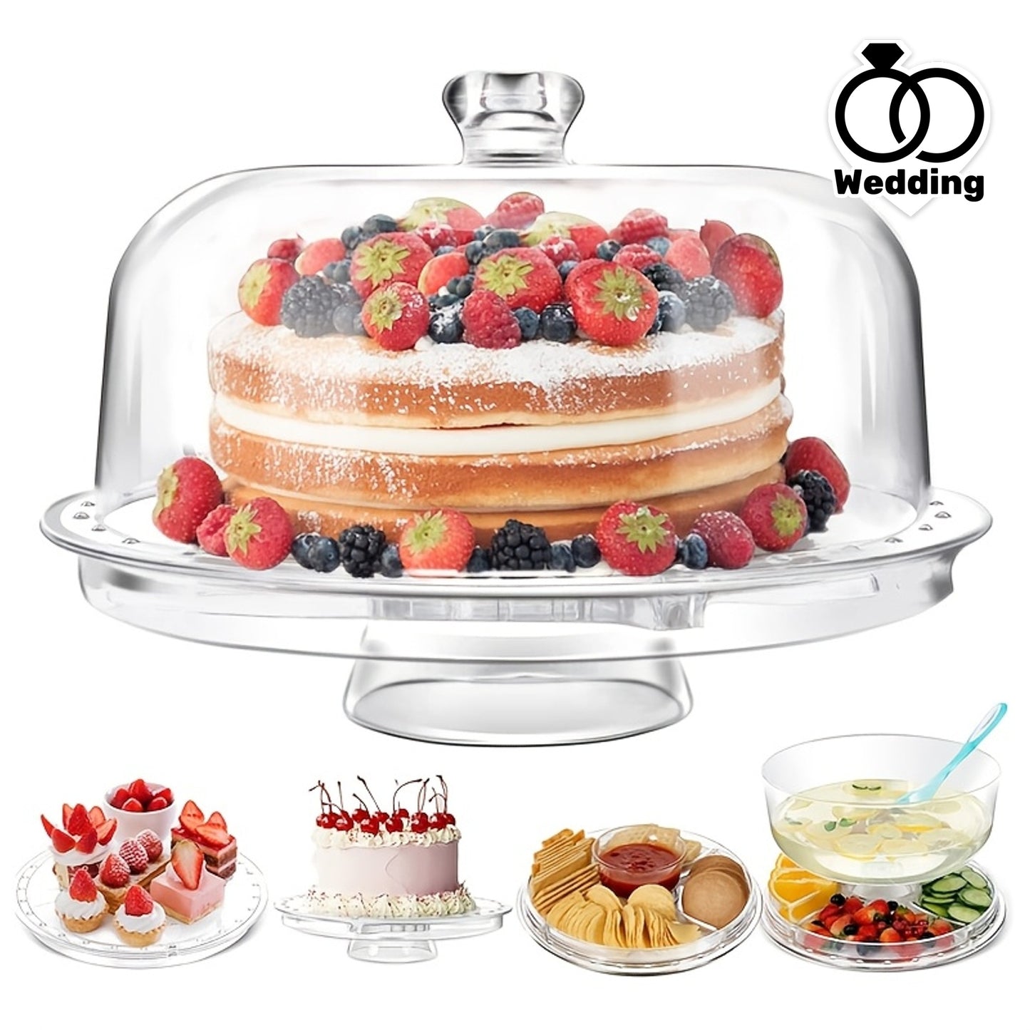 6-IN-1 Acrylic Cake Stand with Dome Lid - 12in Round Cake Holder Dessert Table Display Set & Charcuterie Board for Cakes, Desserts, Fruits, Snacks, Pastries, Appetizers, Cheese, Chips & Dips, Nachos, Fruit Platter Elegant Ped