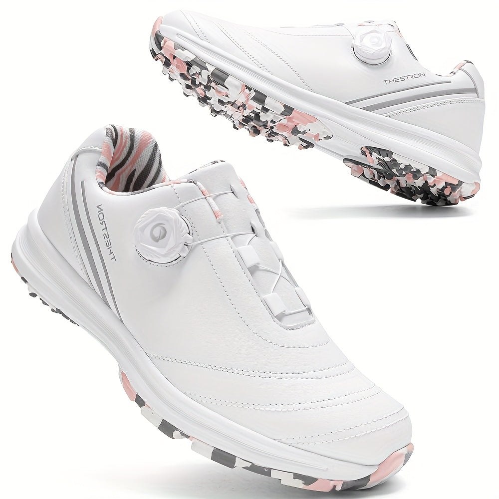 Golf Shoes, THESTRON Women's Professional Golf Shoes - Anti-Slip, All-Season, Large Size 36-43, White & Pink Design with Geometric Pattern, Durable PU Upper & Rubber Sole for Outdoor Golf Training, Ladies Golf Shoes
